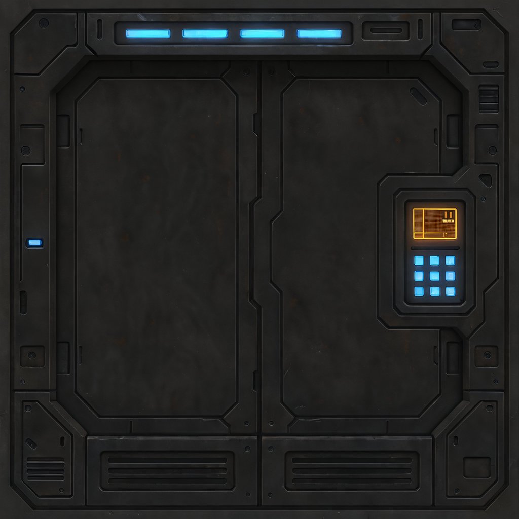 Sci-fi door, clean variant &mdash; dark metal with blue backlit panels