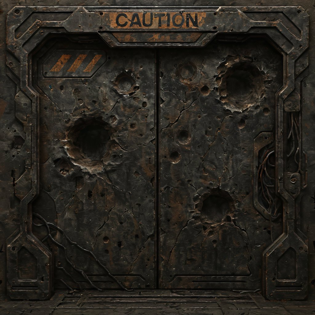 Sci-fi door, damaged variant &mdash; scorched metal with visible battle damage and a warning plate