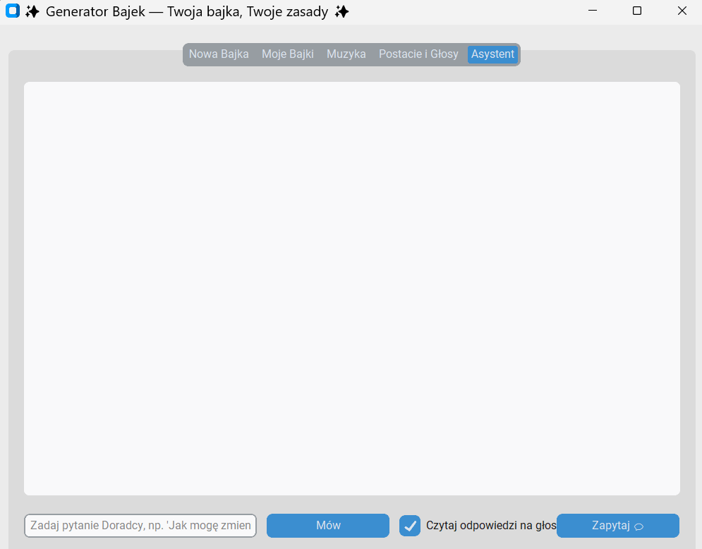 &bdquo;Asystent&rdquo; (Assistant) screen &mdash; ask a question, optionally hear the answer read aloud