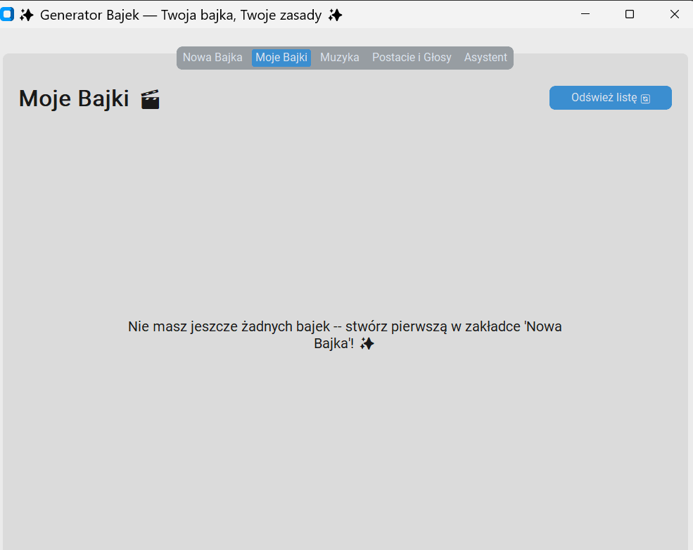 &bdquo;Moje Bajki&rdquo; (My Stories) screen &mdash; library of previously generated stories
