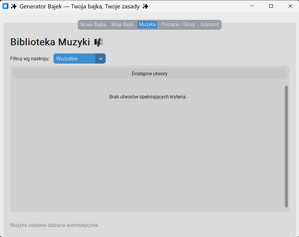 &bdquo;Muzyka&rdquo; (Music) screen &mdash; track library filtered by mood