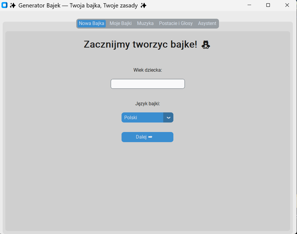 &bdquo;Nowa Bajka&rdquo; (New Story) screen &mdash; form with the child's age and the story language